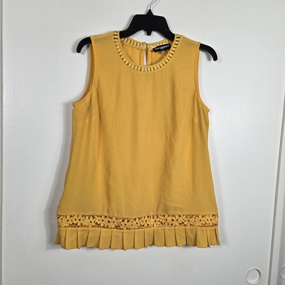 Karl Lagerfeld Women Mustard Yellow Sleeveless Floral Lace Trim Career Top Small